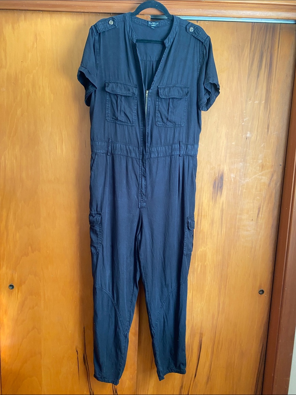 Velvet Heart Black Short-Sleeve Utility Jumpsuit Zip-Up Soft Tencel Coveralls